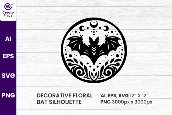 Decorative Floral Bat Silhouette Clipart for Graphics