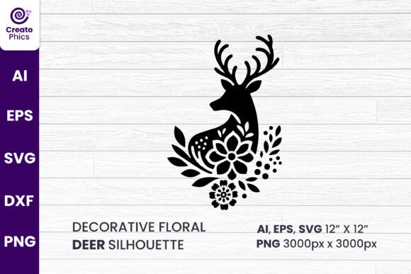 Decorative Floral Deer Silhouette Graphics for Crafts
